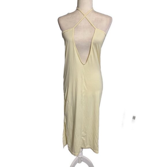 Unbranded Dresses & Skirts - Womens Solid Flax Soft Yellow Deep Plunge Halter Tank Midi Dress Medium